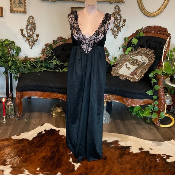 Vintage Union Made Lingerie Night Gown Slip lace Dress Size S Black - Picture 1 of 6